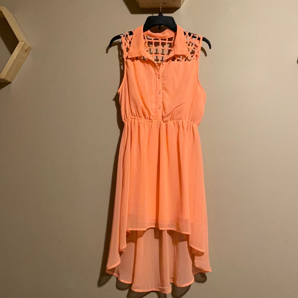 Peach color, asymmetrical hem, collared large sized dress. Brand Live 4 Truth.